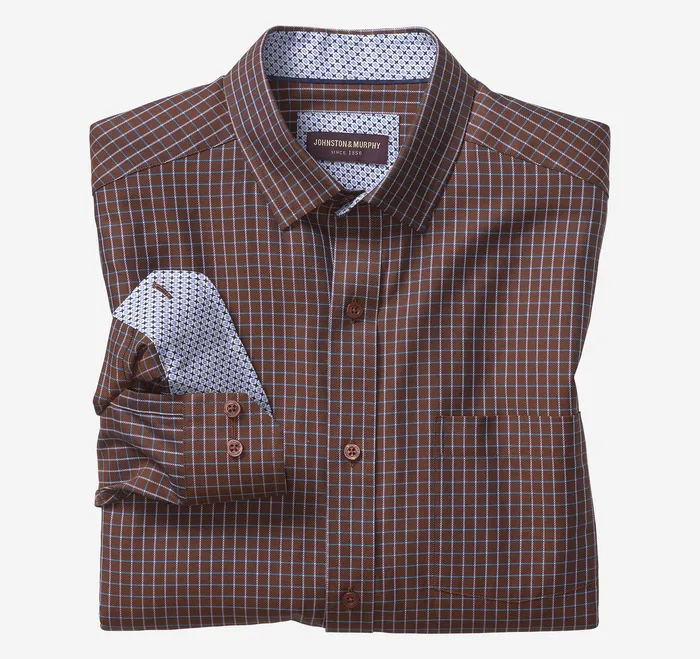Shirts Johnston and Murphy Men Premium Cotton Shirts Rust Twill Windowpane