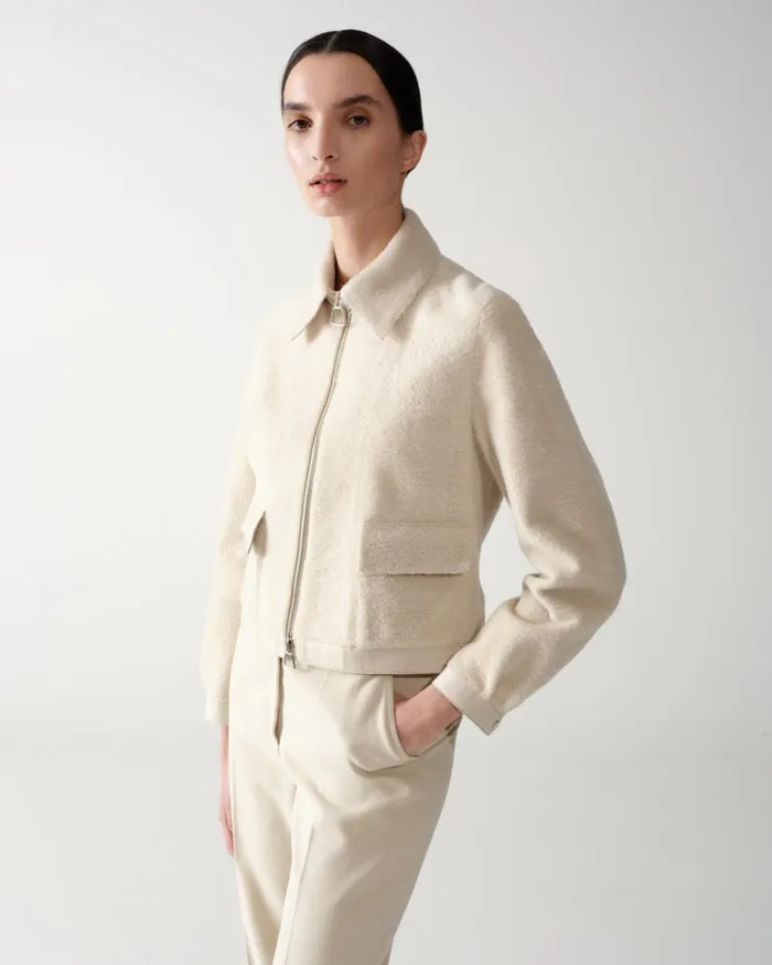 Short Shearling Leather Jacket Sand Women Akris Jackets