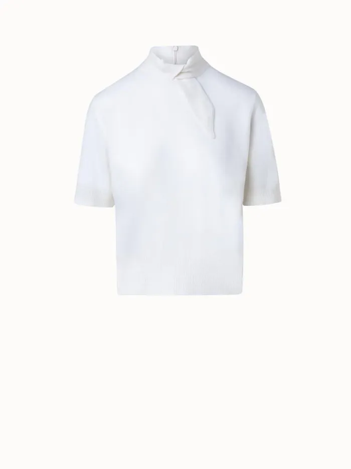 Short Sleeve 100 Cashmere Top With Knot Mockneck Ecru Women Akris Cashmere