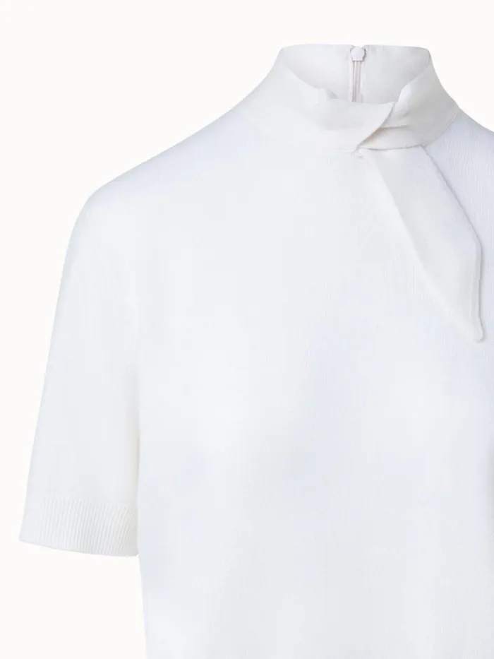 Short Sleeve 100 Cashmere Top With Knot Mockneck Ecru Women Akris Cashmere