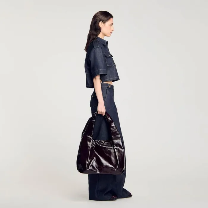 Shoulder Bags Women SANDRO Large Shiny Leather Bag Burgundy