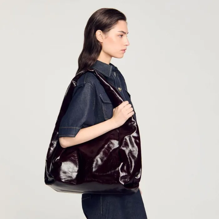Shoulder Bags Women SANDRO Large Shiny Leather Bag Burgundy