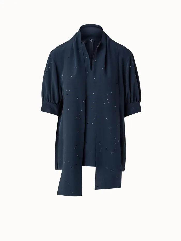 Silk Blouse With Bow And Swarowski Stars Navy Women Akris Blouses
