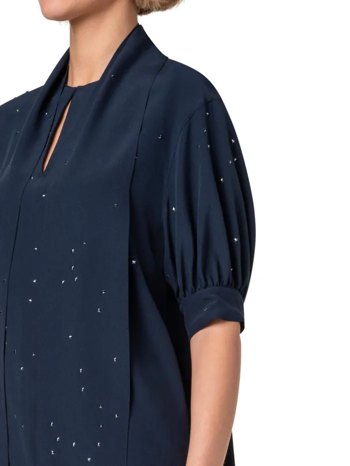 Silk Blouse With Bow And Swarowski Stars Navy Women Akris Blouses