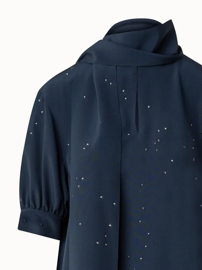 Silk Blouse With Bow And Swarowski Stars Navy Women Akris Blouses