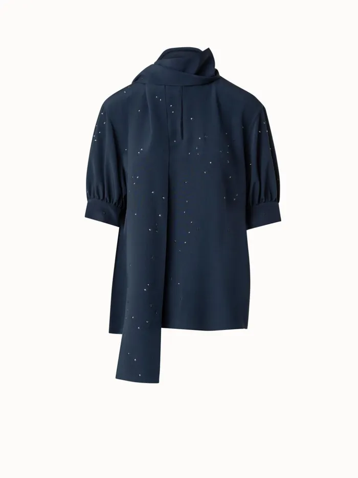Silk Blouse With Bow And Swarowski Stars Navy Women Akris Blouses