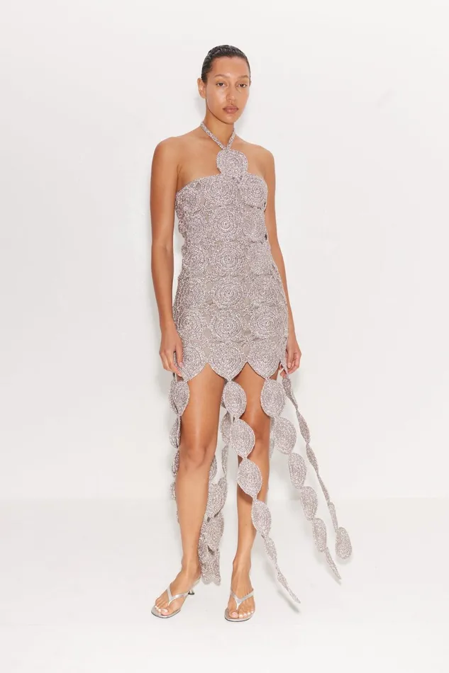 Simon Miller Dresses Beep Beep Dress In Satellite Silver Hand Knit Lurex Crochet 8211 Women Simon Miller Dresses Beep Beep Dress In Satellite Silver Hand Knit Lurex Crochet 8211 Women