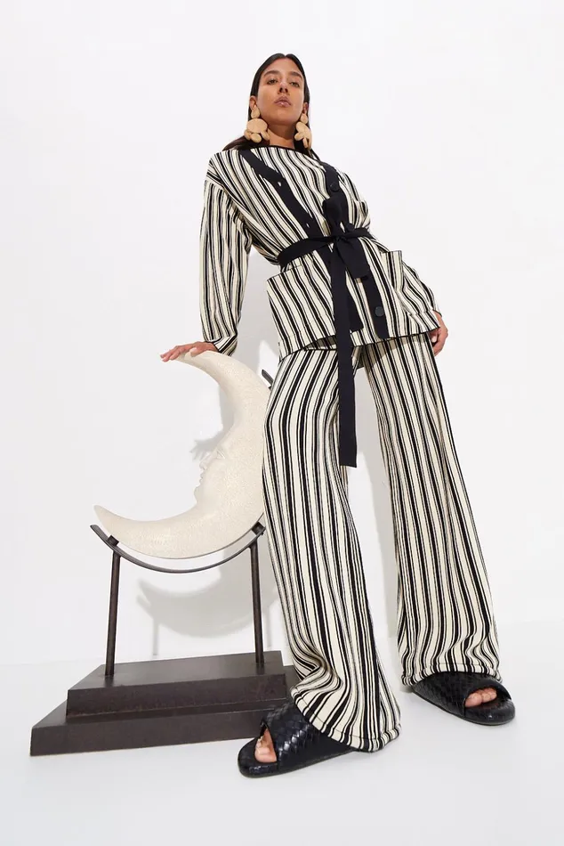 Simon Miller Sweaters Max Belted Knit Cardigan In BlackRice Flour Stripe 8211 Women