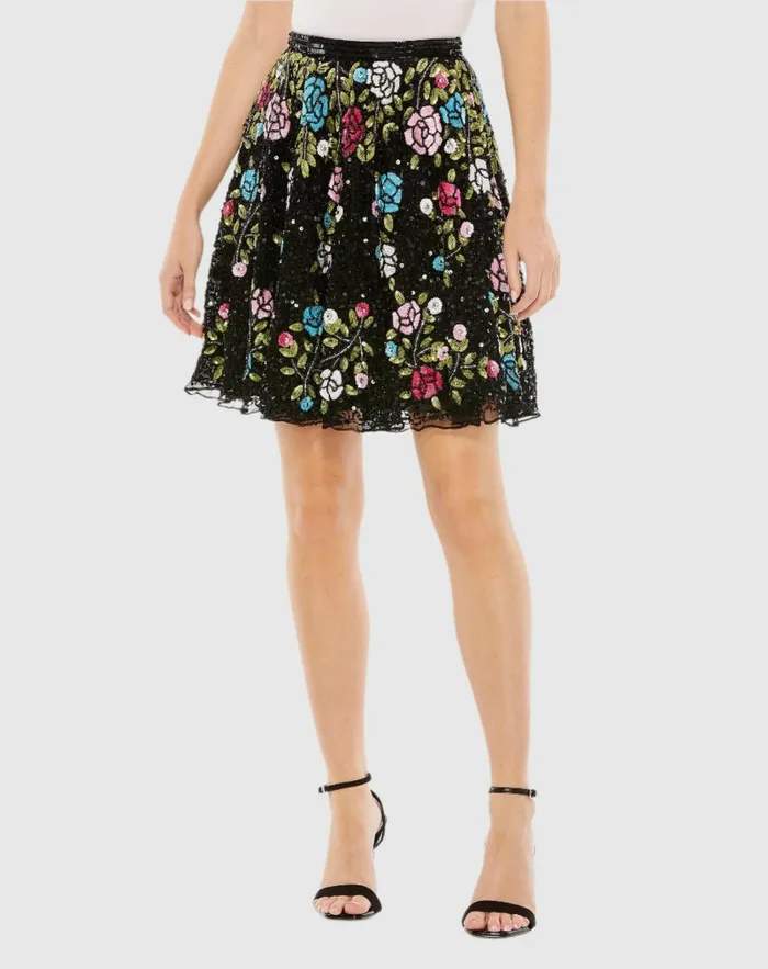 Skirts Mac Duggal Women Sequined Floral Flowy Aline Mini Skirt Black Multi