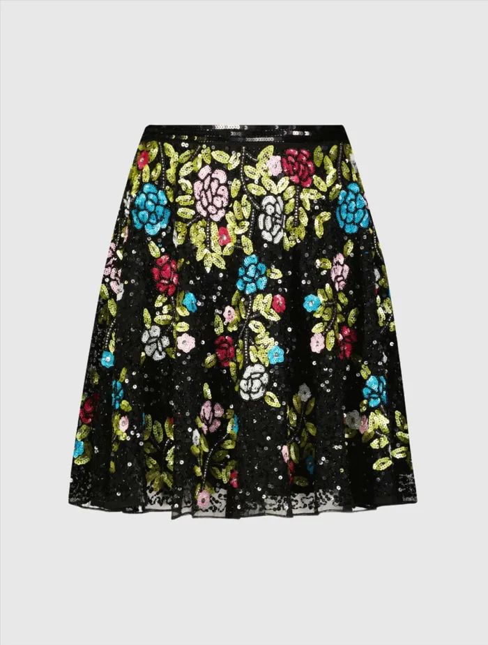 Skirts Mac Duggal Women Sequined Floral Flowy Aline Mini Skirt Black Multi