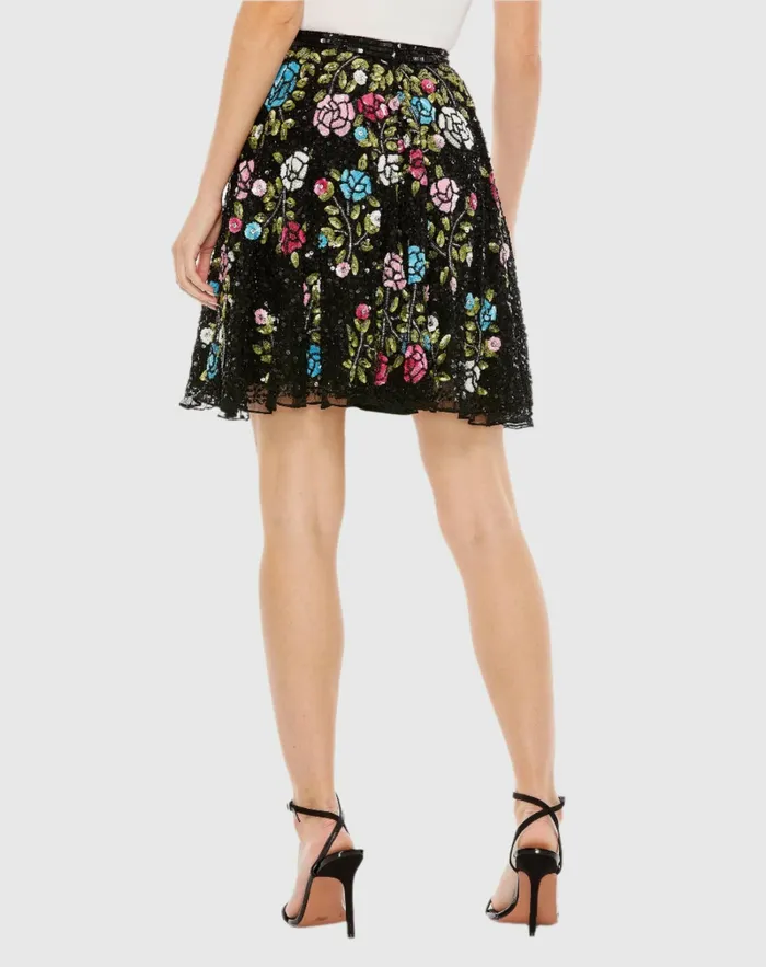 Skirts Mac Duggal Women Sequined Floral Flowy Aline Mini Skirt Black Multi