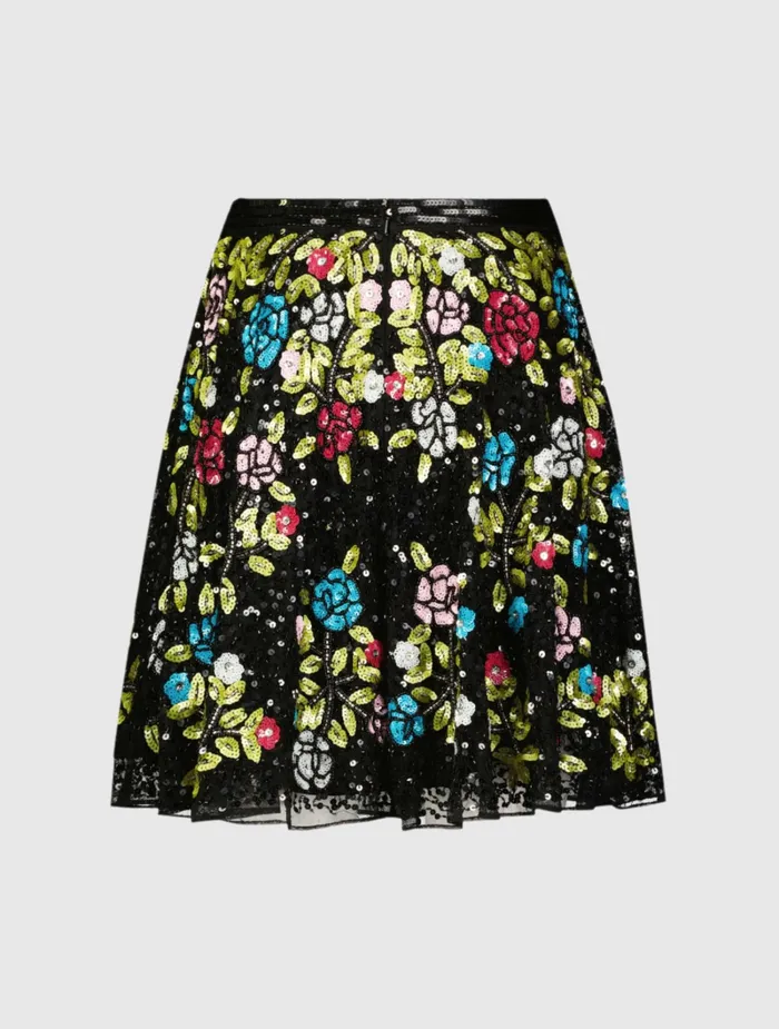 Skirts Mac Duggal Women Sequined Floral Flowy Aline Mini Skirt Black Multi