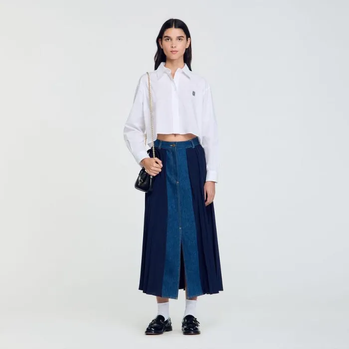 Skirts Women SANDRO Dualmaterial Denim Pleated Skirt Navy Blue