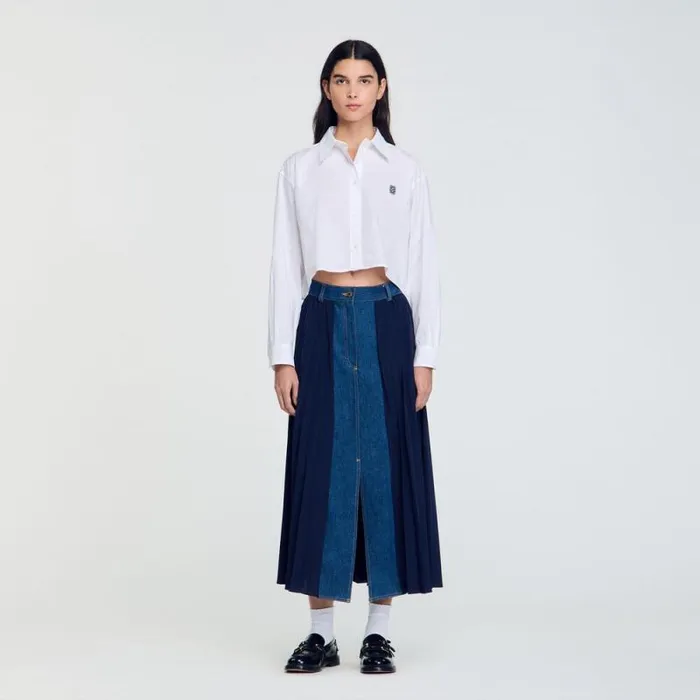 Skirts Women SANDRO Dualmaterial Denim Pleated Skirt Navy Blue
