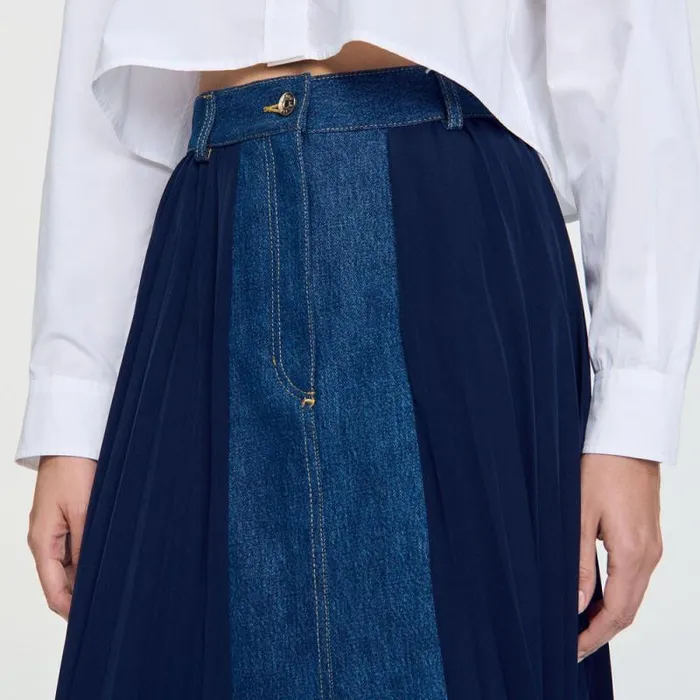 Skirts Women SANDRO Dualmaterial Denim Pleated Skirt Navy Blue