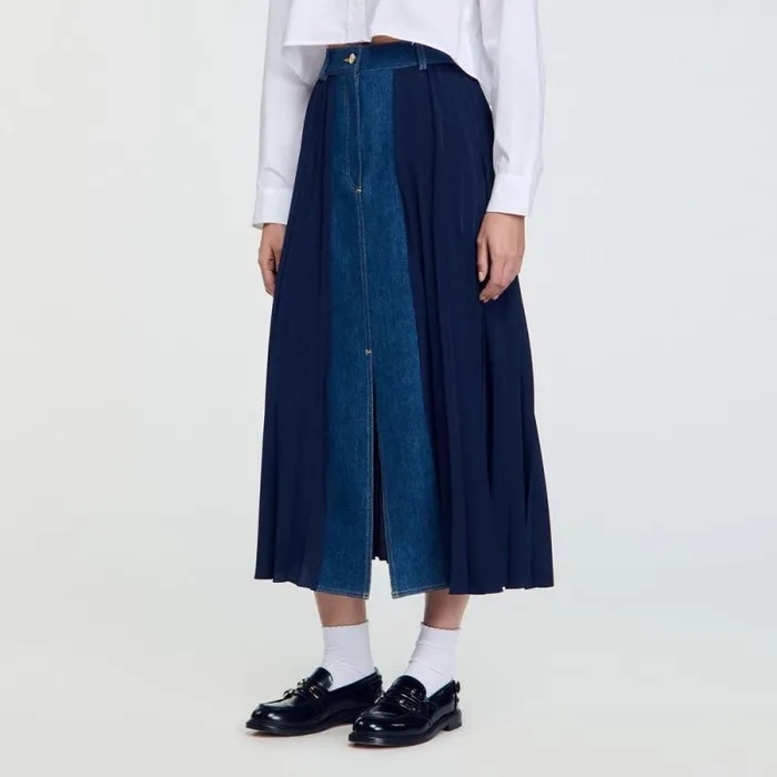 Skirts Women SANDRO Dualmaterial Denim Pleated Skirt Navy Blue