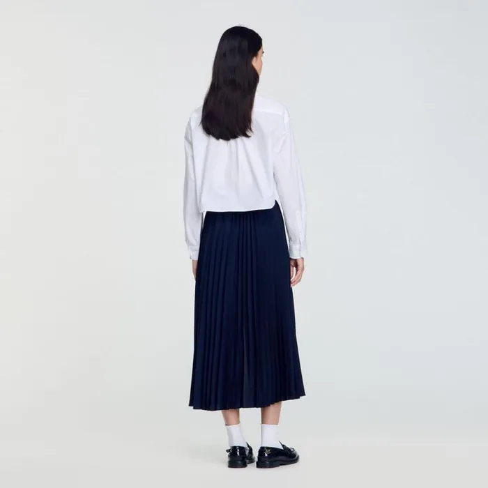 Skirts Women SANDRO Dualmaterial Denim Pleated Skirt Navy Blue