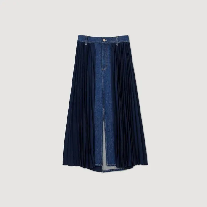 Skirts Women SANDRO Dualmaterial Denim Pleated Skirt Navy Blue