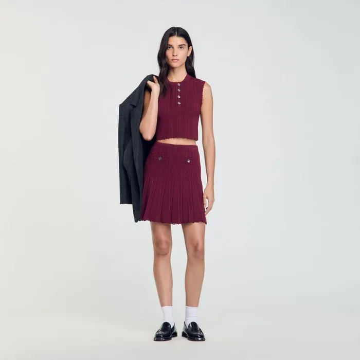 Skirts Women SANDRO Short Pleated Knit Skirt Burgundy