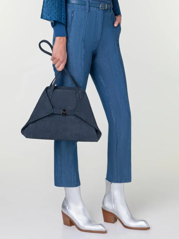 Small Ai Shoulder Bag In Suede Leather With Denim Look Indigo Women Akris Shoulder Bags