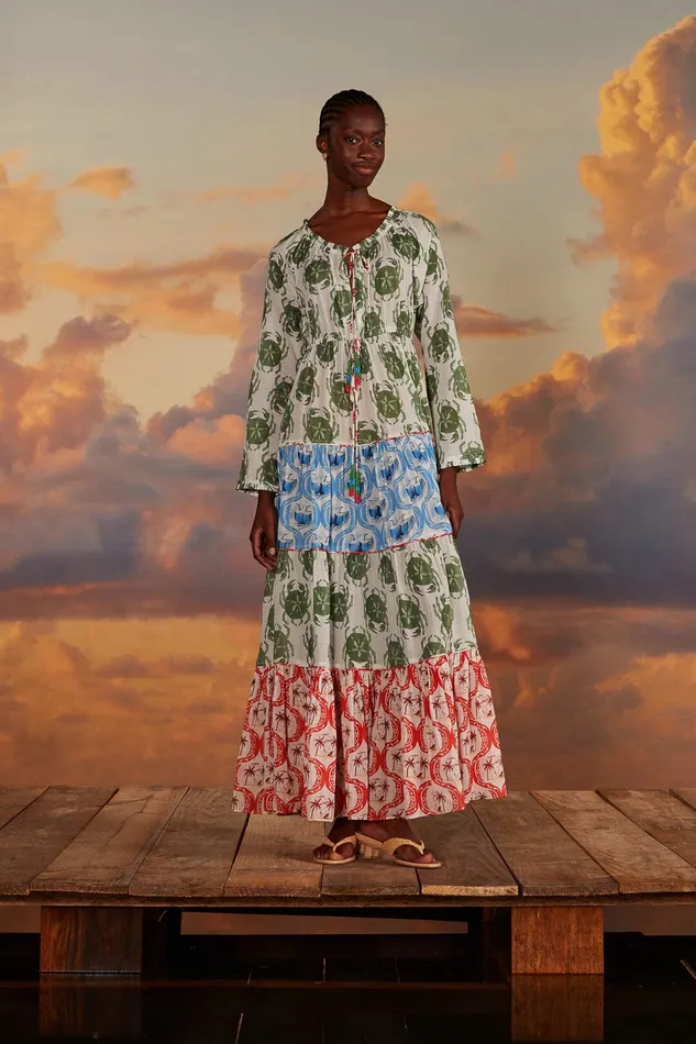 Stamp Mix Long Sleeve Maxi Dress Women Farm Rio Maxi Dresses