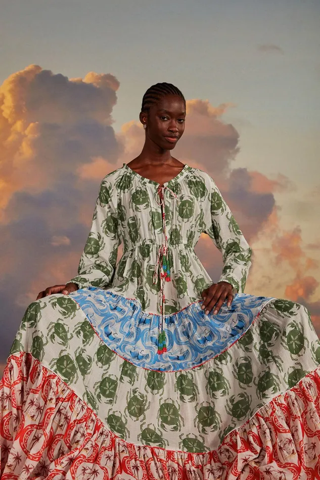 Stamp Mix Long Sleeve Maxi Dress Women Farm Rio Maxi Dresses