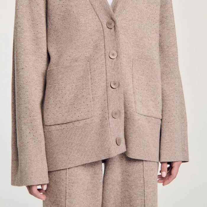 Sweaters and Cardigans Women SANDRO Long Rhinestone Cardigan Beige