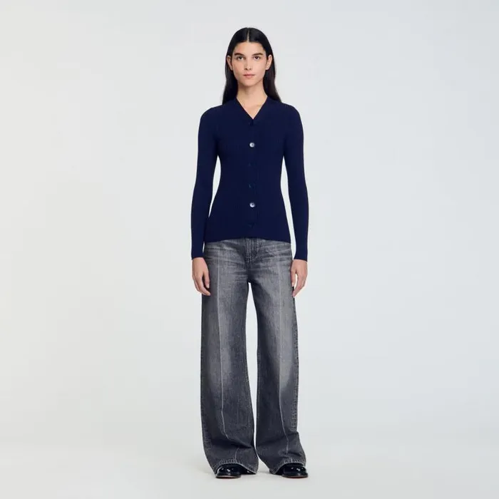 Sweaters and Cardigans Women SANDRO Rib Knit Cardigan Navy Blue