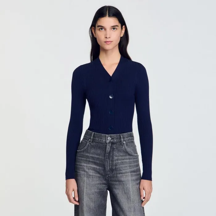 Sweaters and Cardigans Women SANDRO Rib Knit Cardigan Navy Blue