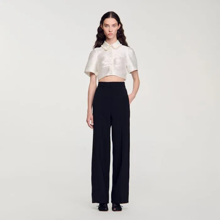 Tops and Shirts Women SANDRO Beaded Satineffect Cropped Shirt White