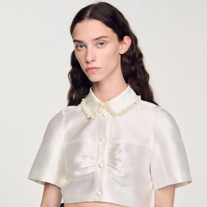 Tops and Shirts Women SANDRO Beaded Satineffect Cropped Shirt White