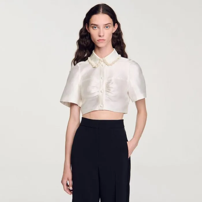 Tops and Shirts Women SANDRO Beaded Satineffect Cropped Shirt White