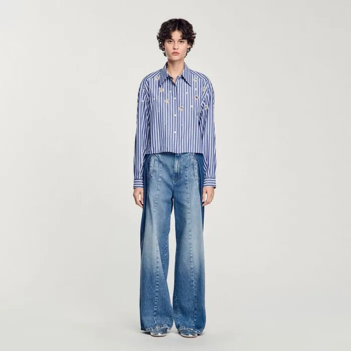Tops and Shirts Women SANDRO Beaded Striped Shirt Blue