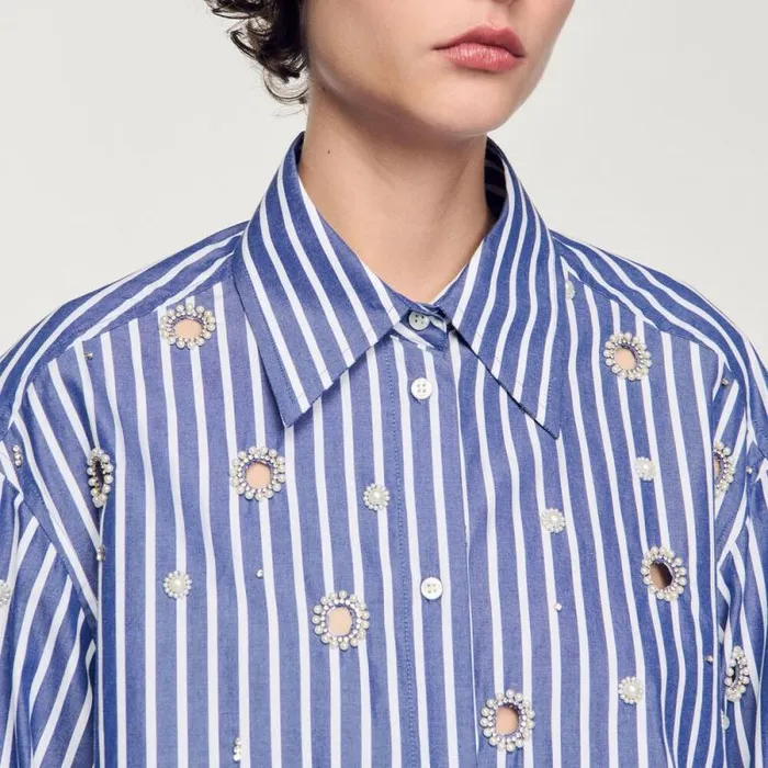 Tops and Shirts Women SANDRO Beaded Striped Shirt Blue