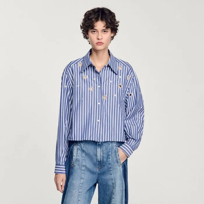 Tops and Shirts Women SANDRO Beaded Striped Shirt Blue