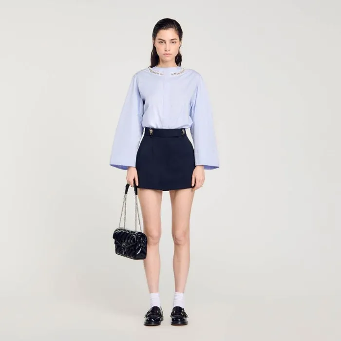 Tops and Shirts Women SANDRO Cropped Shirt With Jewel Trim Collar Sky Blue