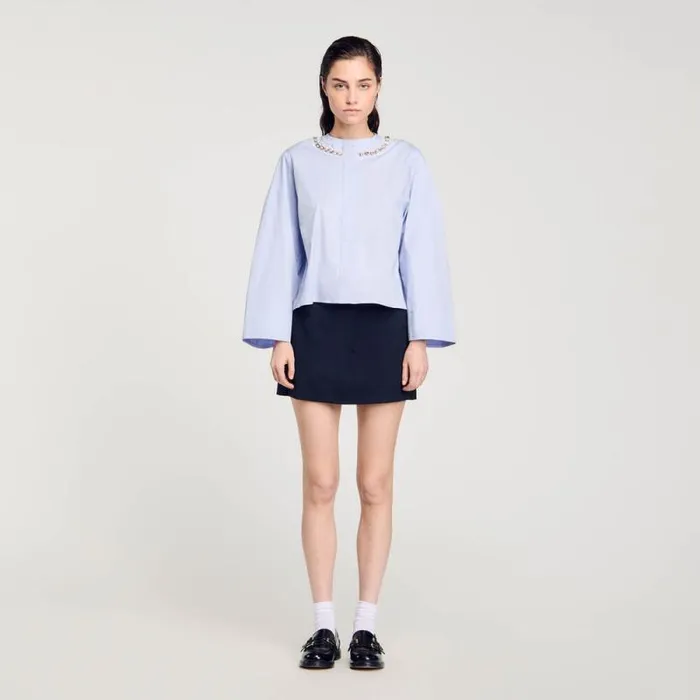 Tops and Shirts Women SANDRO Cropped Shirt With Jewel Trim Collar Sky Blue