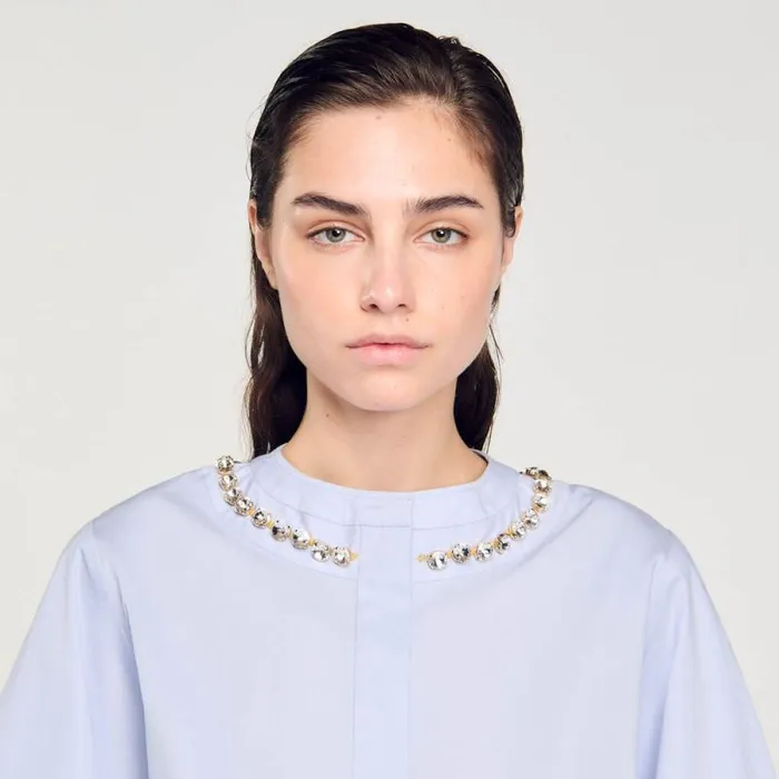 Tops and Shirts Women SANDRO Cropped Shirt With Jewel Trim Collar Sky Blue