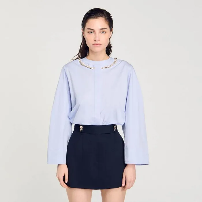Tops and Shirts Women SANDRO Cropped Shirt With Jewel Trim Collar Sky Blue