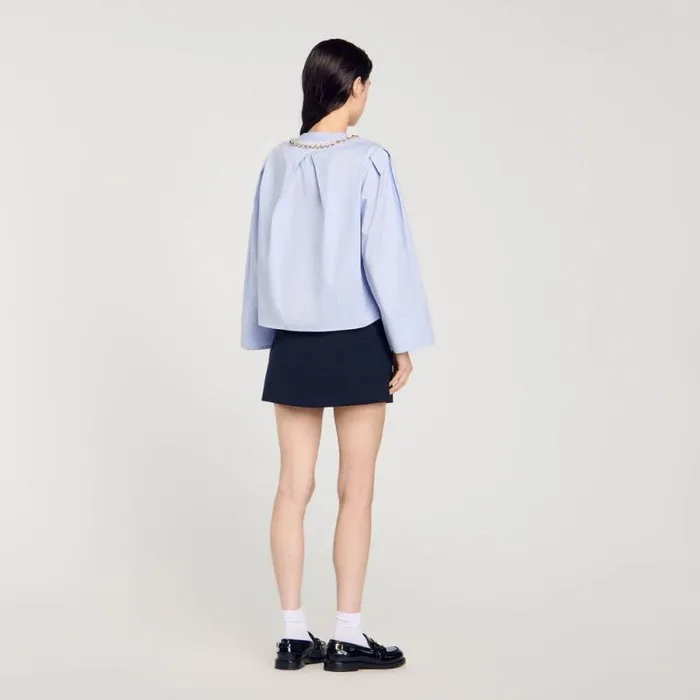 Tops and Shirts Women SANDRO Cropped Shirt With Jewel Trim Collar Sky Blue