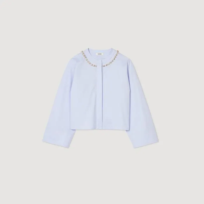 Tops and Shirts Women SANDRO Cropped Shirt With Jewel Trim Collar Sky Blue