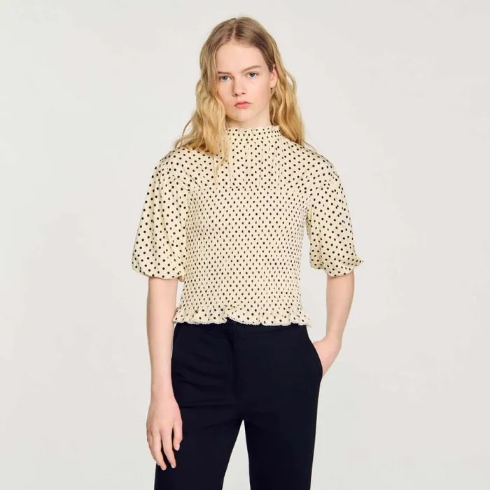 Tops and Shirts Women SANDRO Polka Dot TShirt Ecru Black
