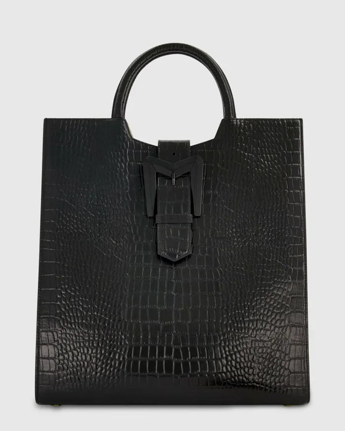 Totes Women Mac Duggal Buckled Maxi Croco Black Leather Tote Bag Black