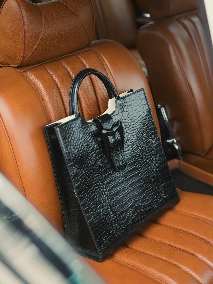 Totes Women Mac Duggal Buckled Maxi Croco Black Leather Tote Bag Black