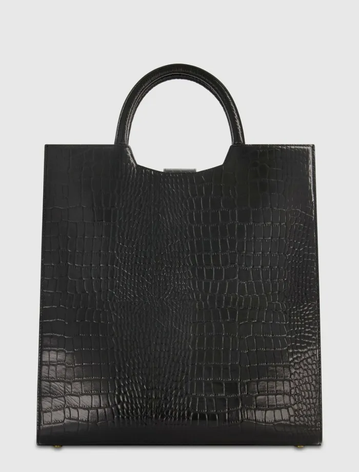 Totes Women Mac Duggal Buckled Maxi Croco Black Leather Tote Bag Black