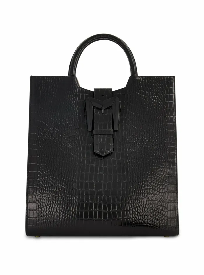 Totes Women Mac Duggal Buckled Maxi Croco Black Leather Tote Bag Black