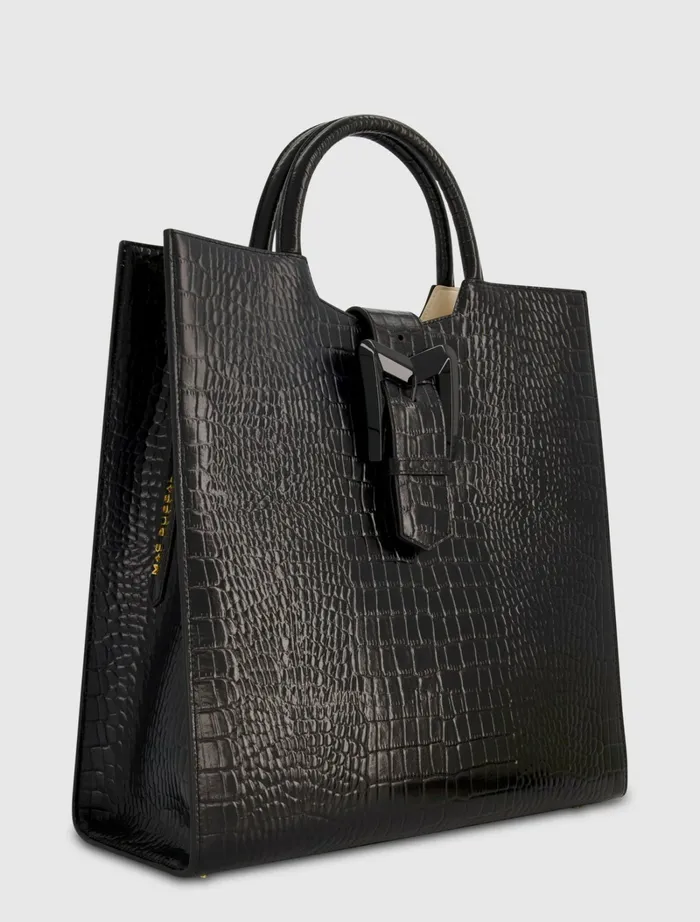 Totes Women Mac Duggal Buckled Maxi Croco Black Leather Tote Bag Black