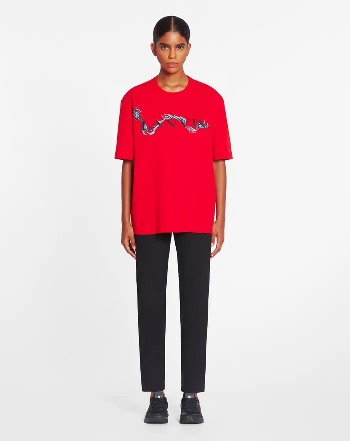Unisex Dragon Print Loosefitting Tshirt Flame Men Lanvin Coats and Jackets