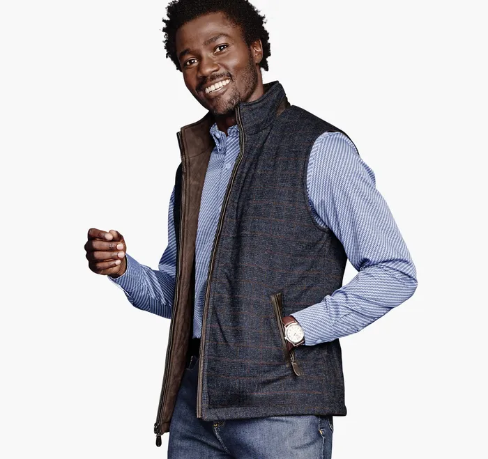 Upton Reversible Vest Navy PlaidBrown Apparel Johnston and Murphy Men