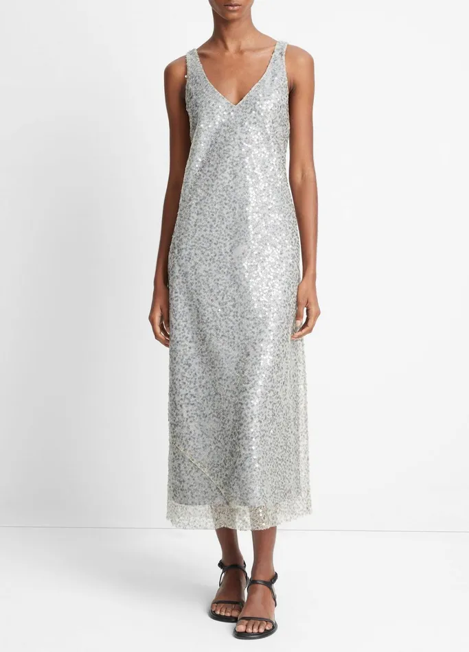 Vince Dresses Women Lucite Metallic Sequin Slip Dress Sea Slate